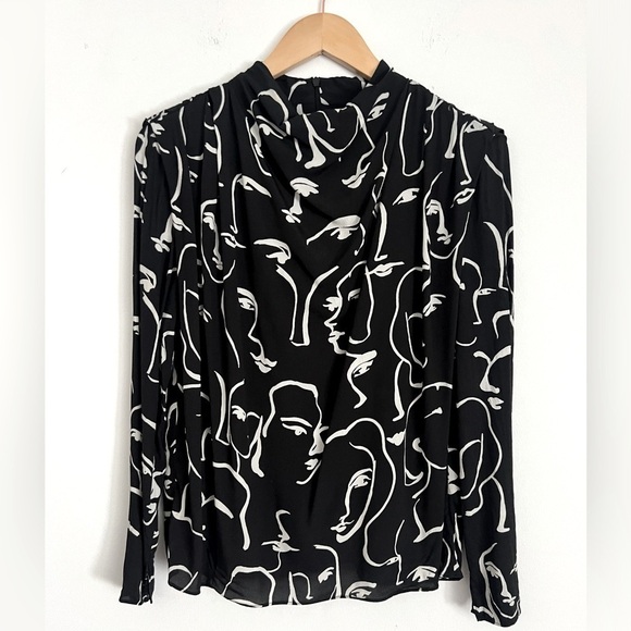 Zara Tops - Zara Blouse Top XS Minimalist Face Print Abstract Mockneck Zipper Long Sleeve